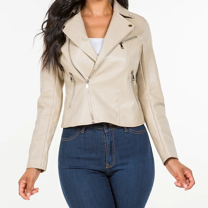 Asymmetric Faux Leather Jacket in Beige