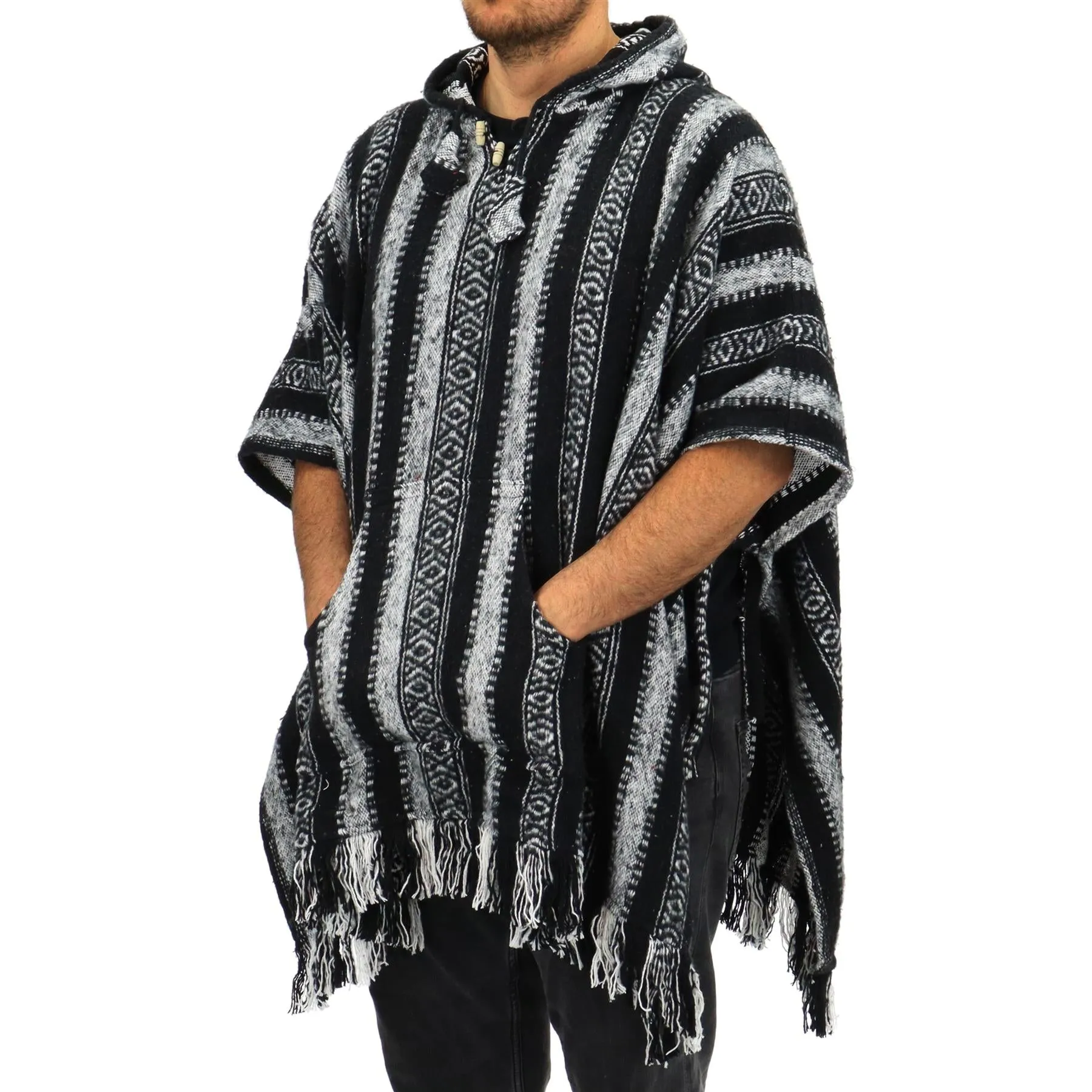 Brushed Cotton Hooded Poncho - Black White