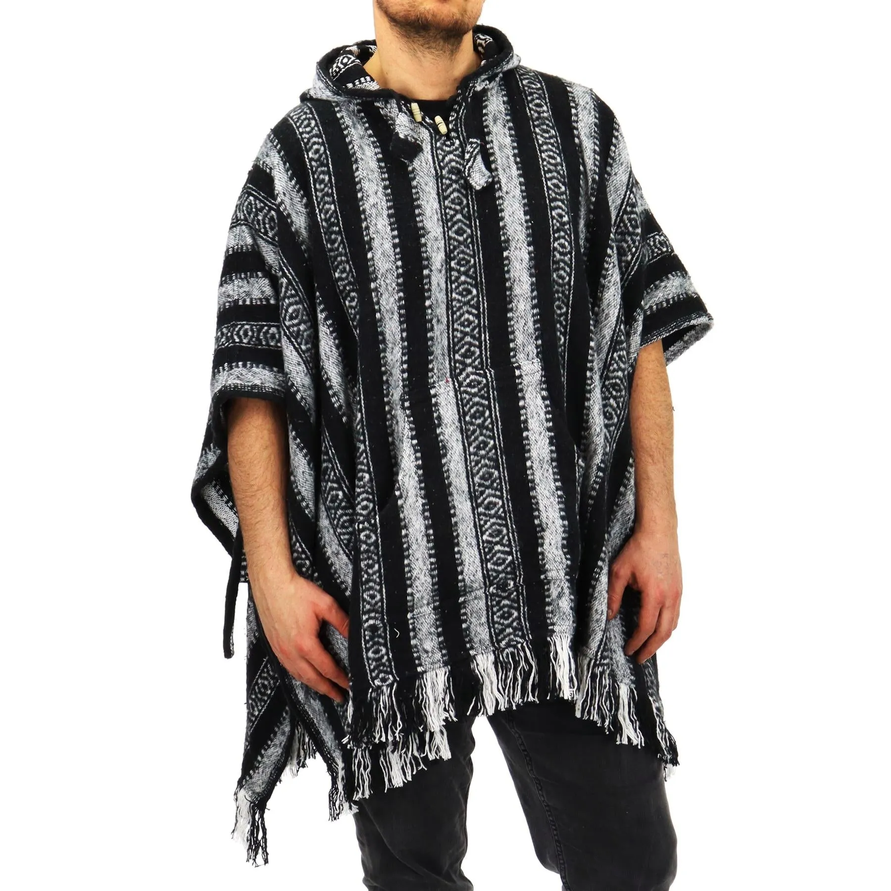 Brushed Cotton Hooded Poncho - Black White