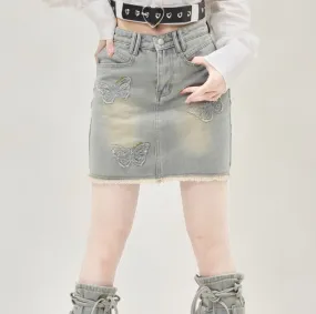 Butterfly Denim Skirt with Matching Leg Warmers Tint Denim Light Blue Y2K