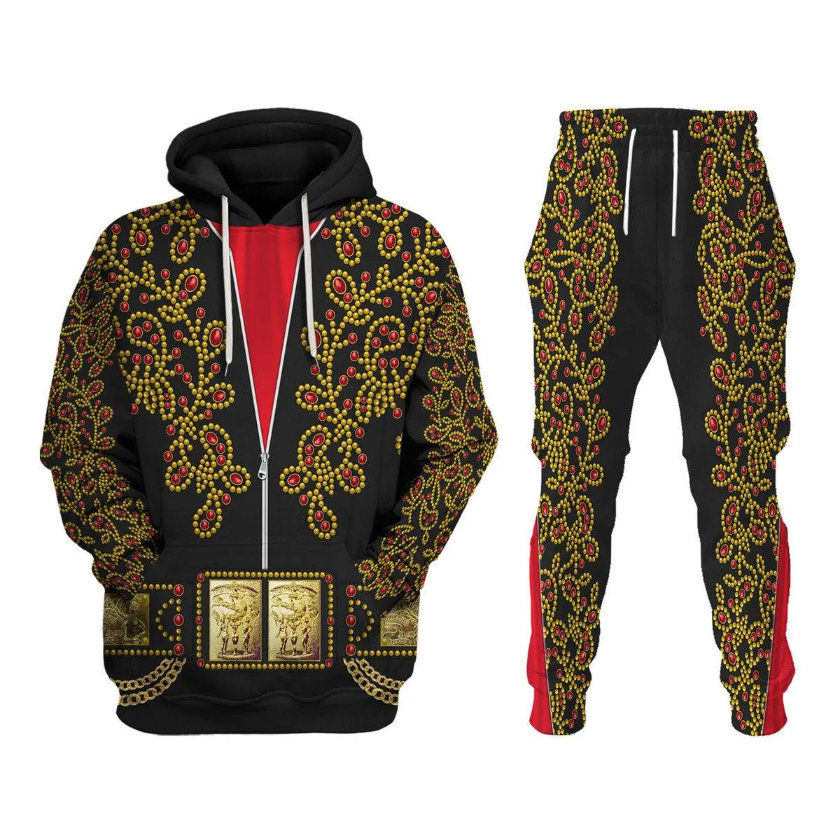 Gearhomie Elvis Spanish Flower - Black With Red Stones Costume Hoodie Sweatshirt T-Shirt Sweatpants