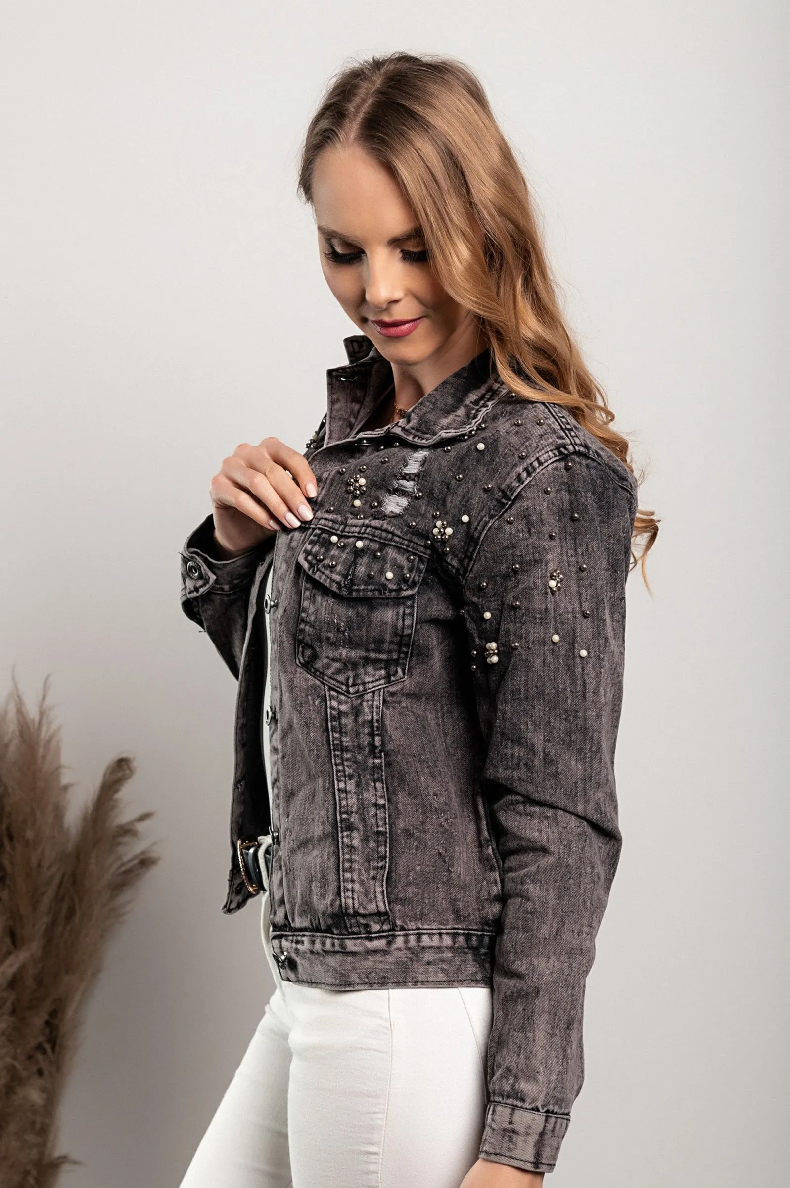 Jeans jakna z razporki  in perlicami Limoncina, črna