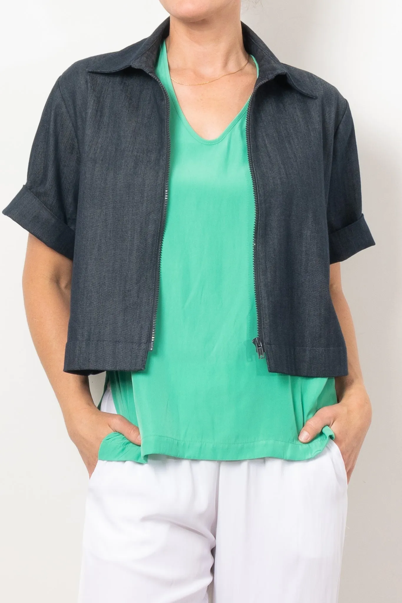 Mela Purdie Short Sleeve Zip Bomber Soft Stretch Denim