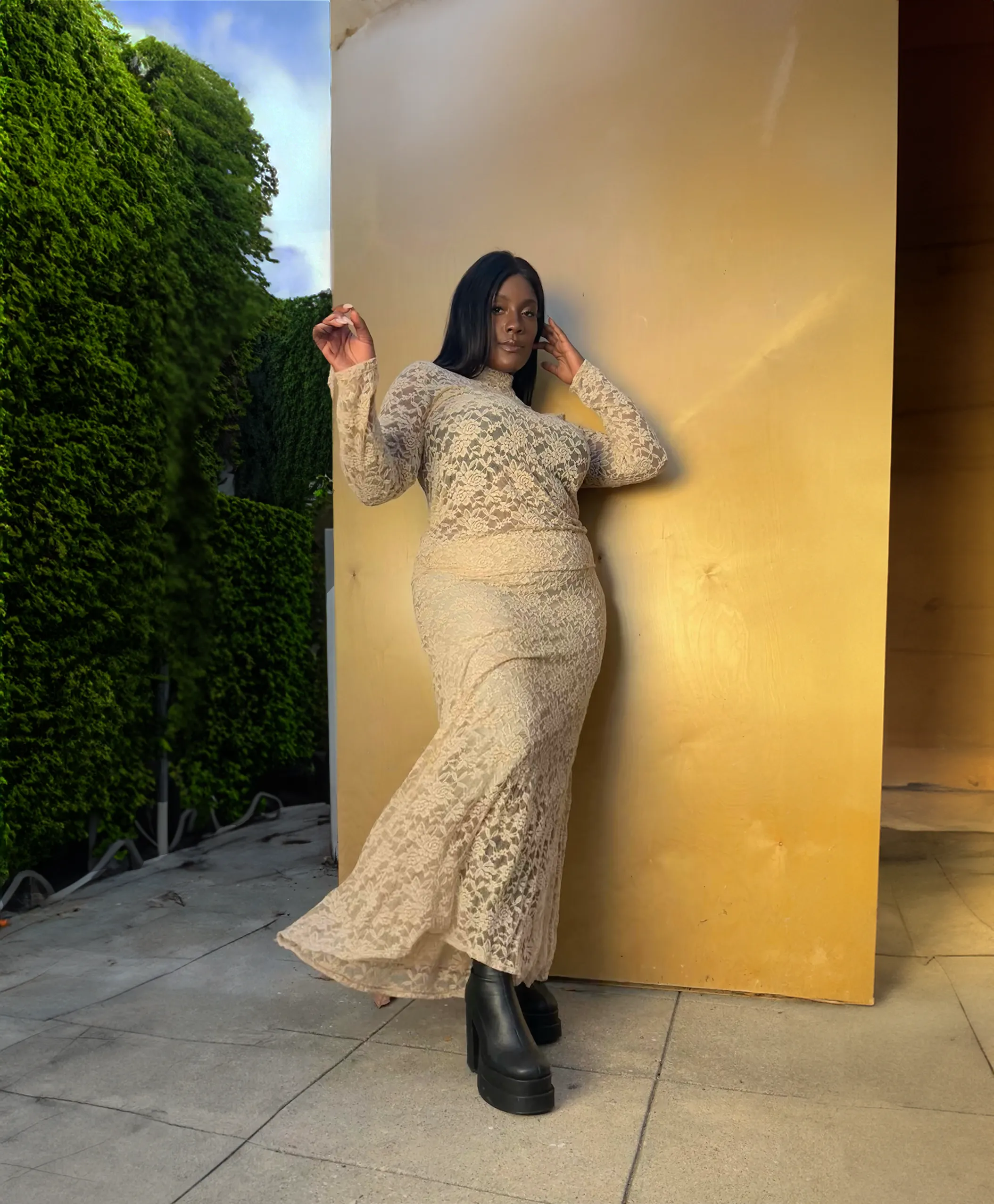 Stretch Lace Turtleneck & Skirt Set - Cream