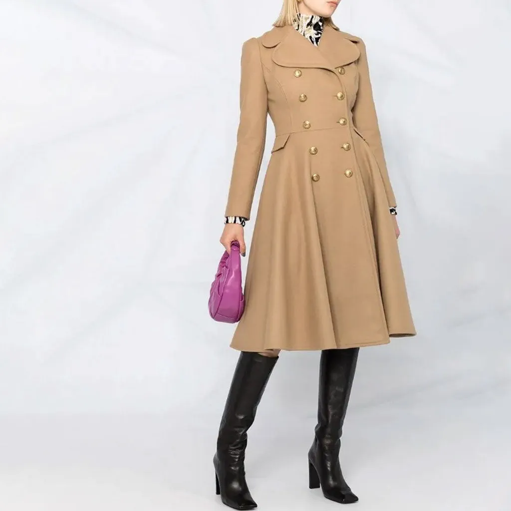 Sweet Notched Lapel Double Breasted Fit and Flare Long Sleeve Wool Blend Coat