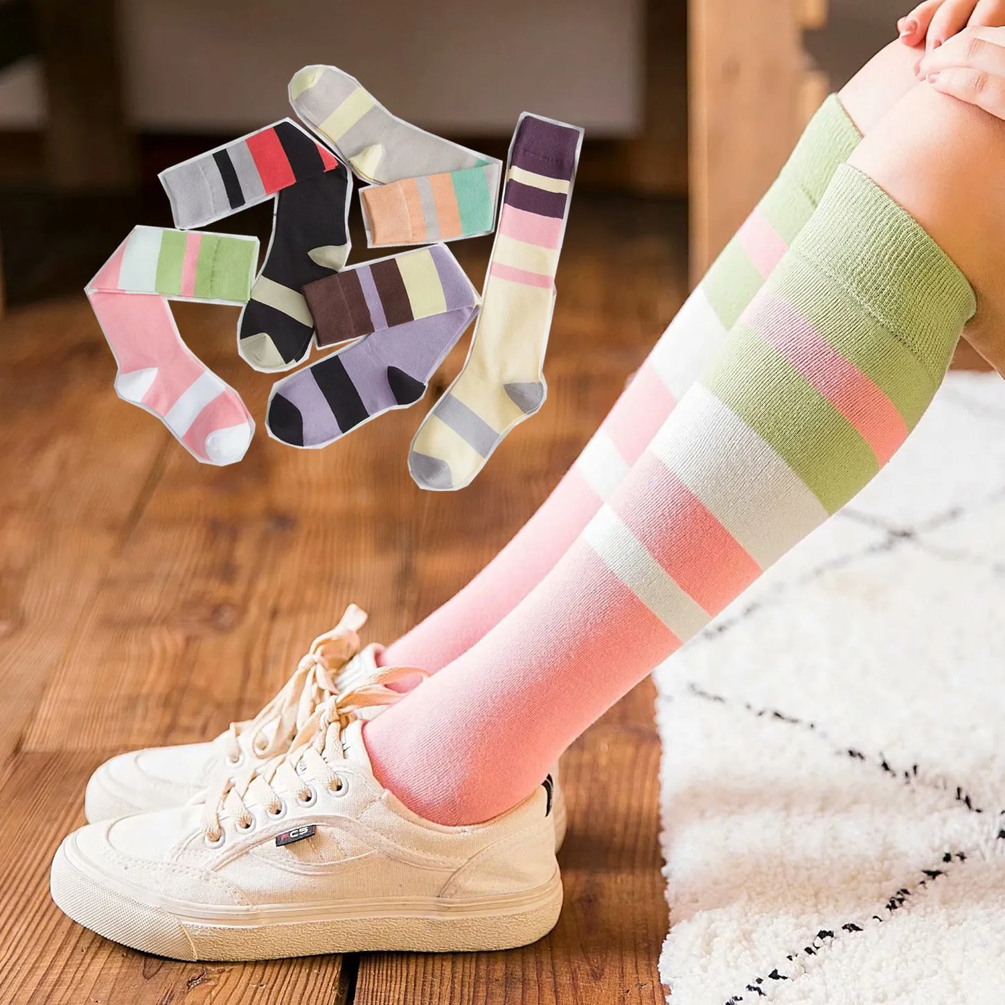 Womens Calf Socks Medium Stockings Contrast Color Knee-length Cotton Socks