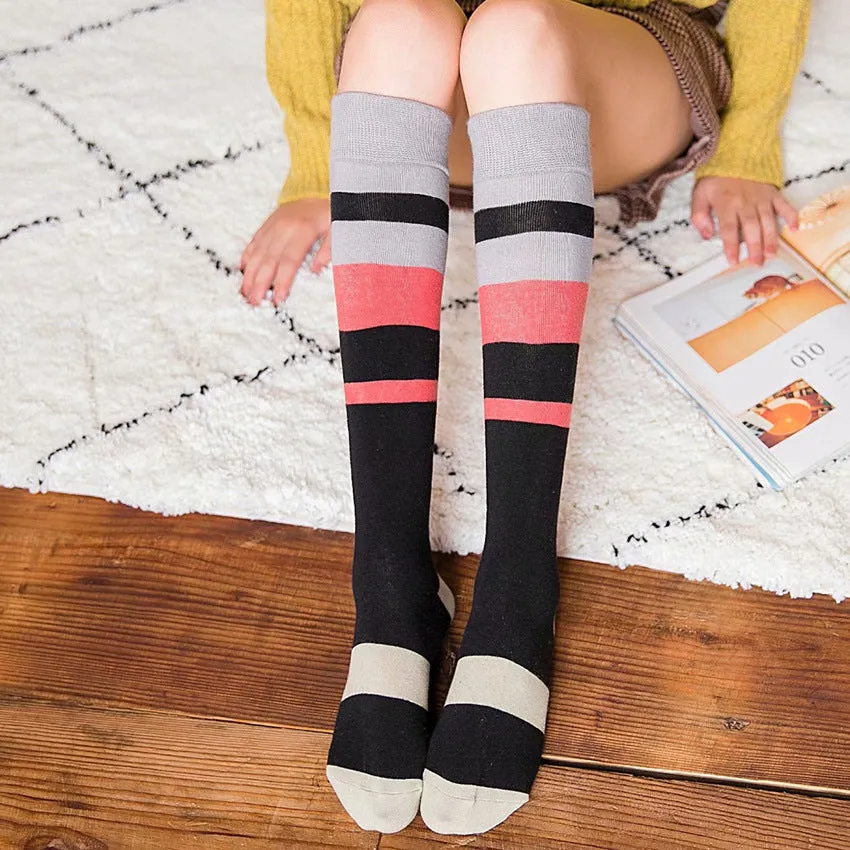 Womens Calf Socks Medium Stockings Contrast Color Knee-length Cotton Socks
